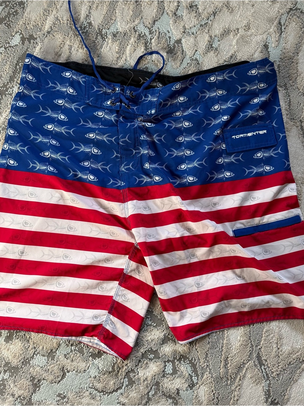 Tormenter Bone Fish USA Flag Board Shorts Men's 36 Swim Trunks